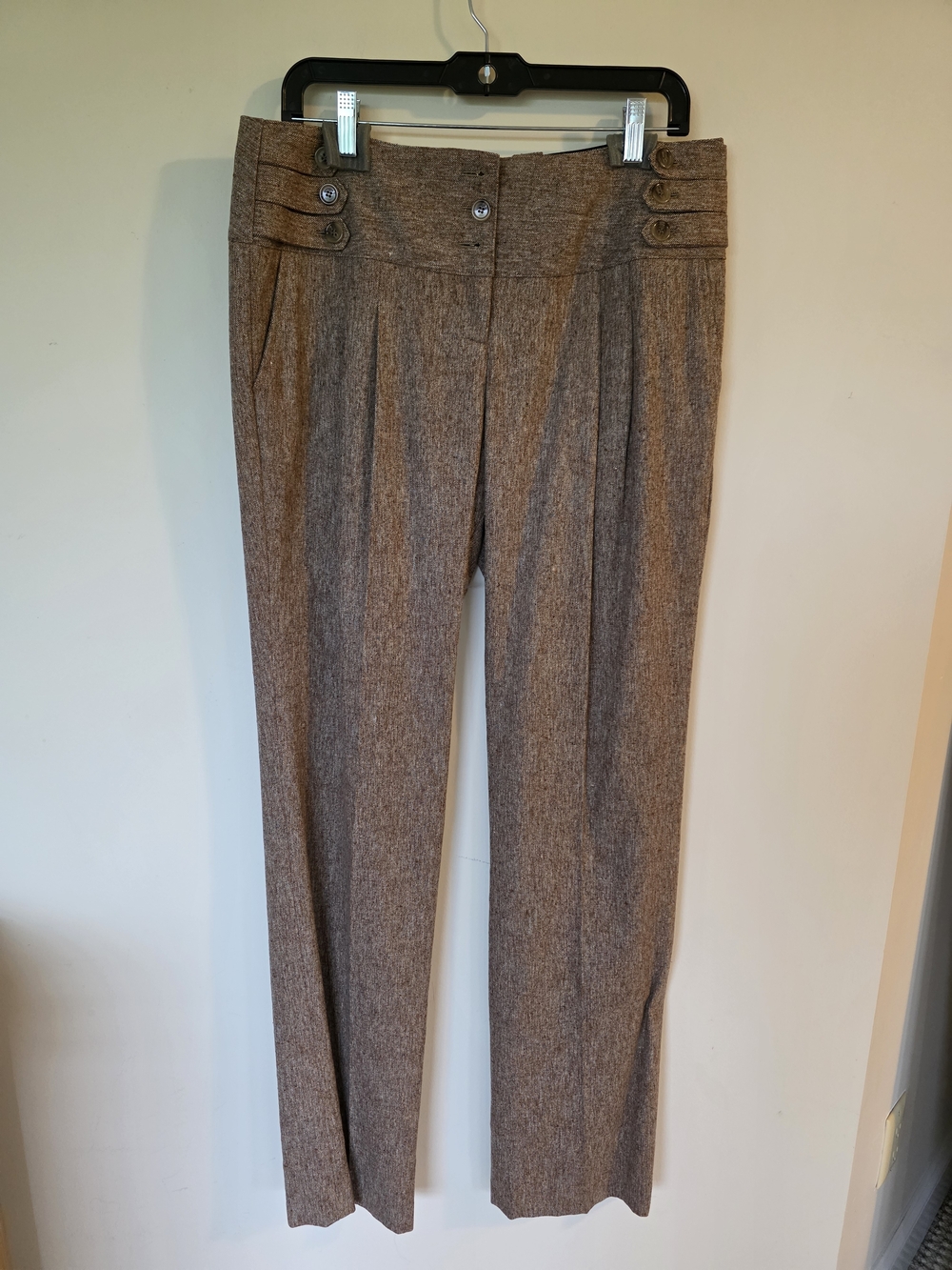 Alvin Valkey High-Rise Straight Leg Dress Pants in Brown Herringbone 10 LONG 34+